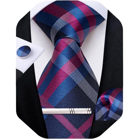 🆕Men Blue Plaid Silk Checkered Necktie Pocket Square Cufflinks Tie Clip Set